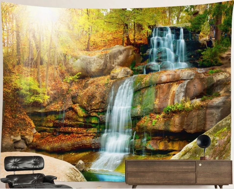 Waterfall Nature Tapestry: Rock Cliffs
