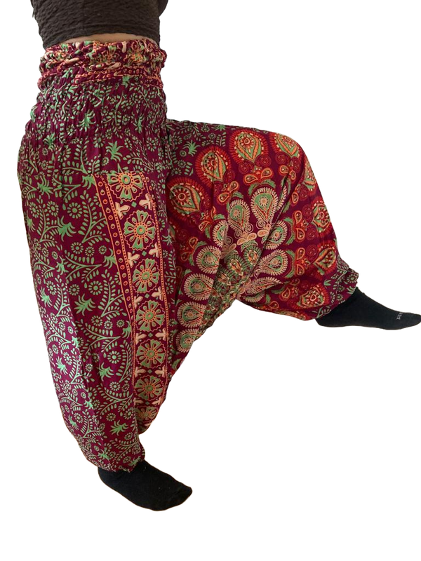 GOA-Hose/Harems-Hose: Böhmisches Muster, tief geschnitten, ROT-GRÜN