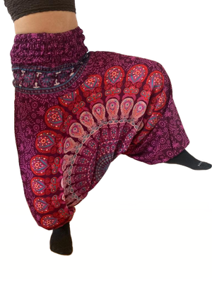 GOA-Hose/Harems-Hose: Böhmisches Muster, tief geschnitten, LILA-PINK