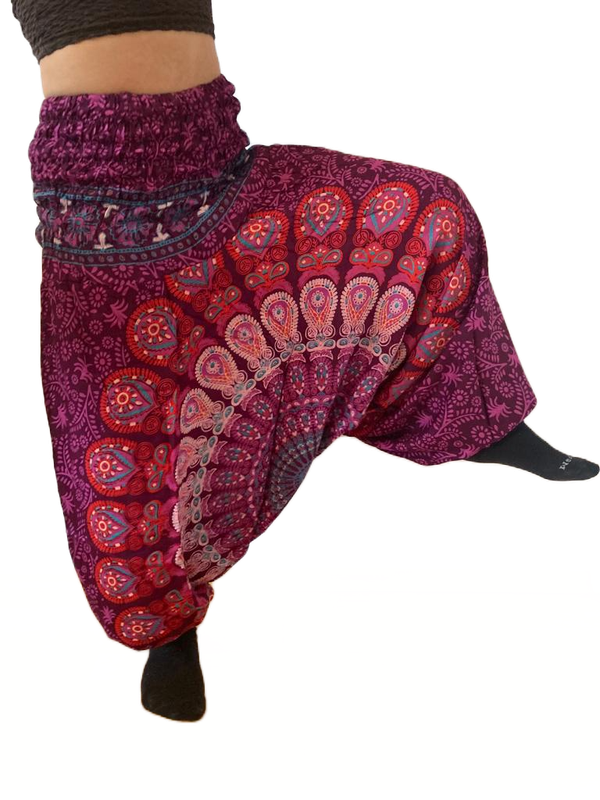 GOA-Hose/Harems-Hose: Böhmisches Muster, tief geschnitten, LILA-PINK