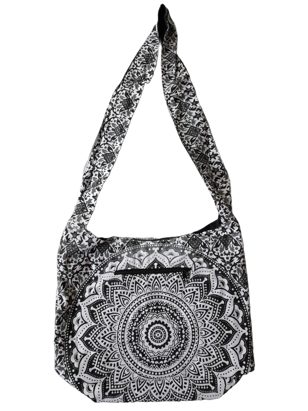 Große Hippie-Handtasche: schwarz weißes Mandala (35x25x12cm)