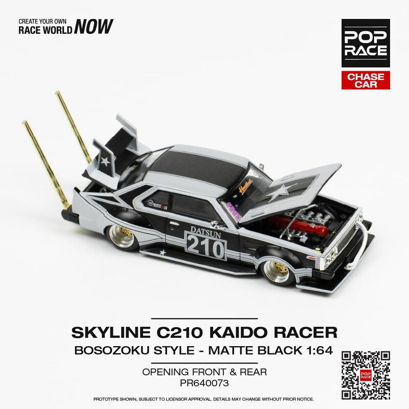 POP RACE 1:64 Bosozuku Skyline C210 Kaido Racer Satin Smooth Matte Black (PR64-73)