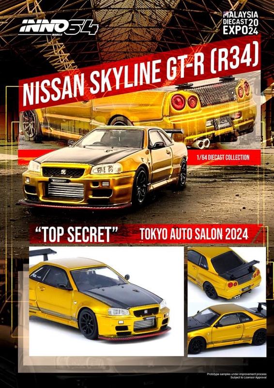 INNO64 Nissan Skyline GT-R34 Top Secret Tokyo Autosalon Special Edition Gold | 2024 Malaysia Diecast Expo MDX
