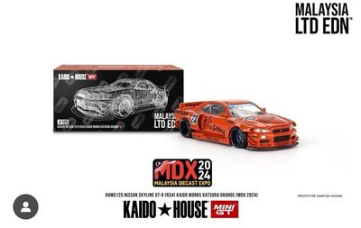 [PREORDER] KAIDOHOUSE x MINIGT 2024 Malaysia Diecast Expo MDX LTD EDN Nissan Skyline GT-R (R34) Kaido Works Katsura Orange Dinner Exclusive (KHMG125)
