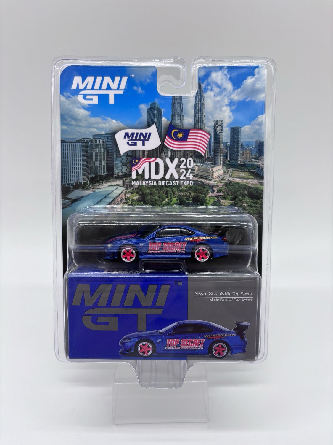 #749 MINI GT 2024 Malaysia Diecast Expo MDX Exclusive Nissan Silvia (S15) Top Secret Matte Blue w/ Red Accent
