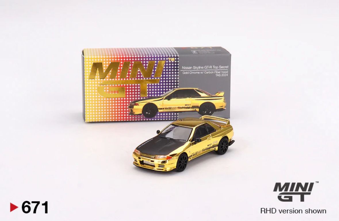 #671 MINI GT Nissan Skyline GT-R TAS Top Secret Gold Chrome Carbon Fibre Hood Tokyo Auto Salon 2024