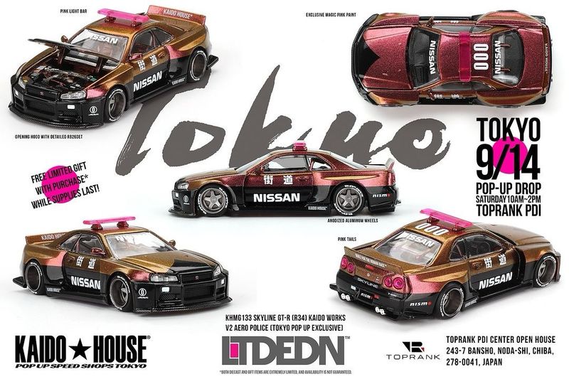 KAIDOHOUSE LTD EDN Pop Up Speed Shop Tokyo Nissan Skyline GT-R (R34) Kaidoworks V2 Aero Police | Magic Pink (KHMG133)