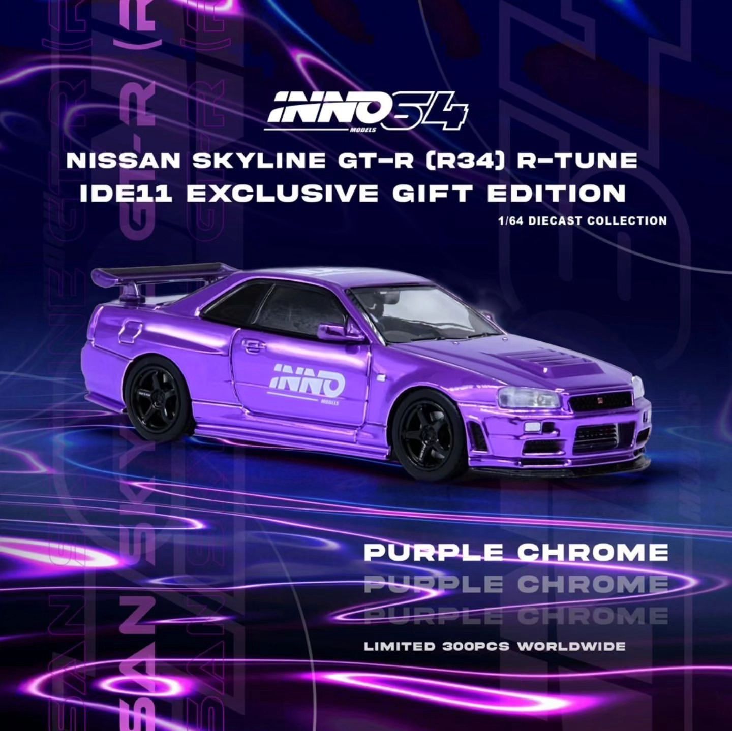 2024 INNO64 NISSAN SKYLINE GT-R (R34) R-TUNE IDE11 Exclusive Gift Edition Purple Chrome | Dinner Edition | Limited to 300pcs