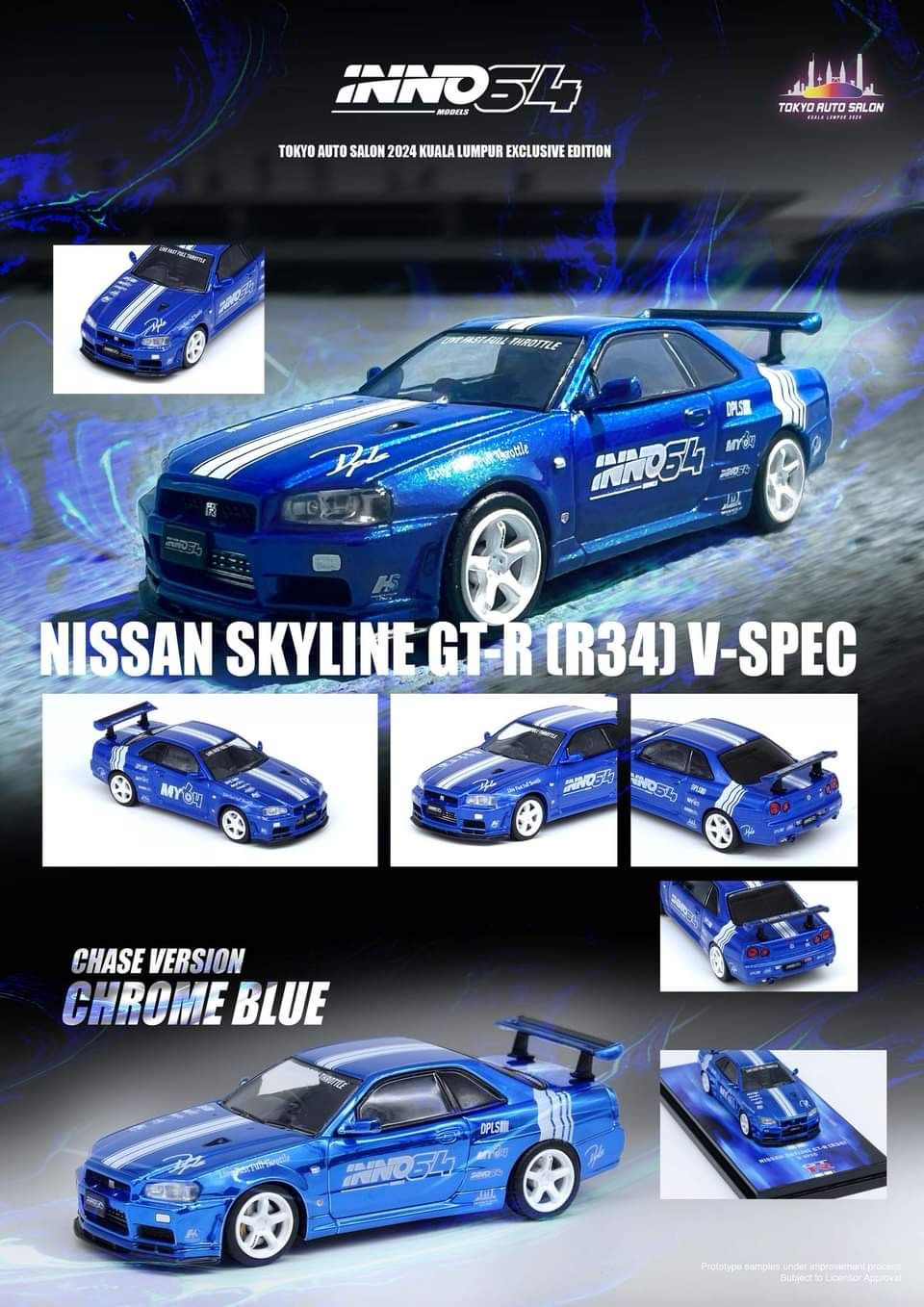 2024 TAS Tokyo Autosalon KL INNO64 Nissan Skyline GT-R (R34) V-Spec Chrome Blue | Chase