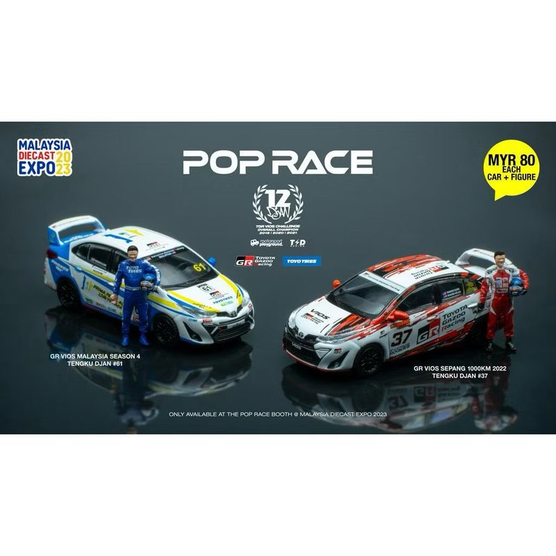 [UNSEALED] POP RACE Toyota GR Vios Sepang 1000KM 2022 – Tengku Djan 37 With Red Kit Figure (Signed) | 2023 Malaysia Diecast Expo