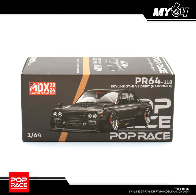 POP RACE MDX24 Malaysia Diecast Expo Special Edition Skyline GT-R Hakosuka V8 Drift Dark Chrome (PR64-118)
