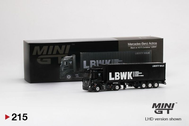 #215 MINI GT MERCEDES BENZ ACTROS BLACK W/ 40 Ft CONTAINER “LBWK”