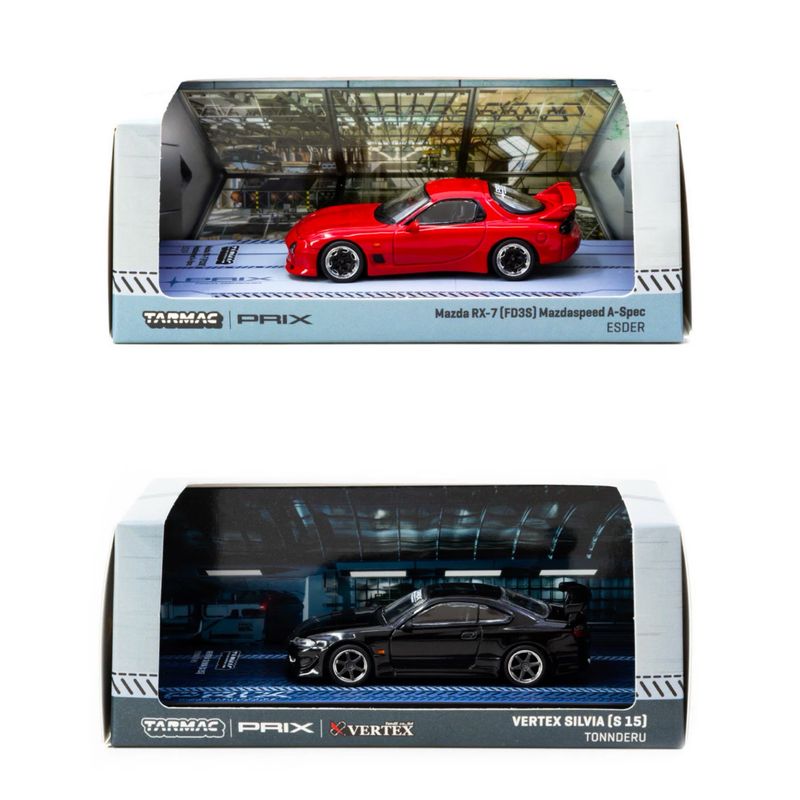 TARMAC WORKS x PRIX 1/64 MAZDA RX-7 (FD3S) MAZDASPEED A-SPEC ESDER &amp; VERTEX Nissan Silvia S15 TONNDERU Set of 2