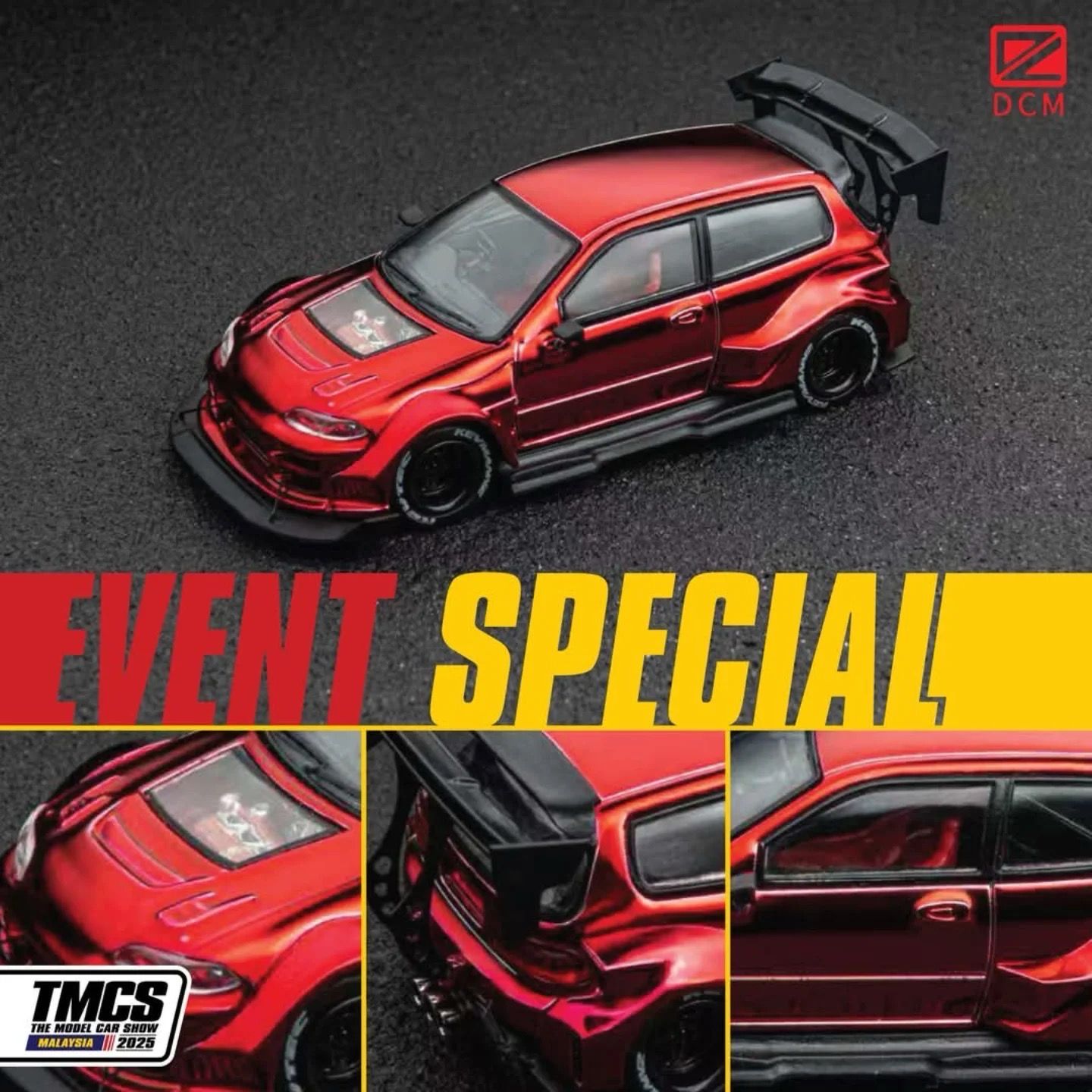 DCM 1/64 Honda Civic EG6 Chrome Red | 2 Wing Version Randomly Issued | 2025 The Model Car Show TMCS