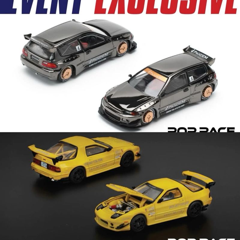 POP RACE Mazda RX-7 RE AMEMIYA FC3S Yellow &amp; Pandem Civic EG Chrome Black Set of 2 | 2025 The Model Car Show TMCS