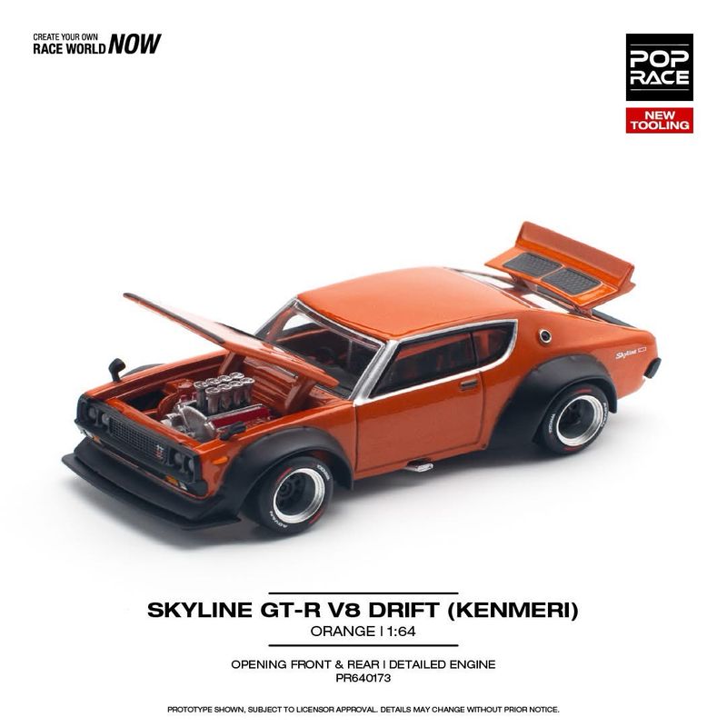 POP RACE Nissan Skyline GT-R V8 Drift Orange (KPGC110) Kenmeri (PR64-173)
