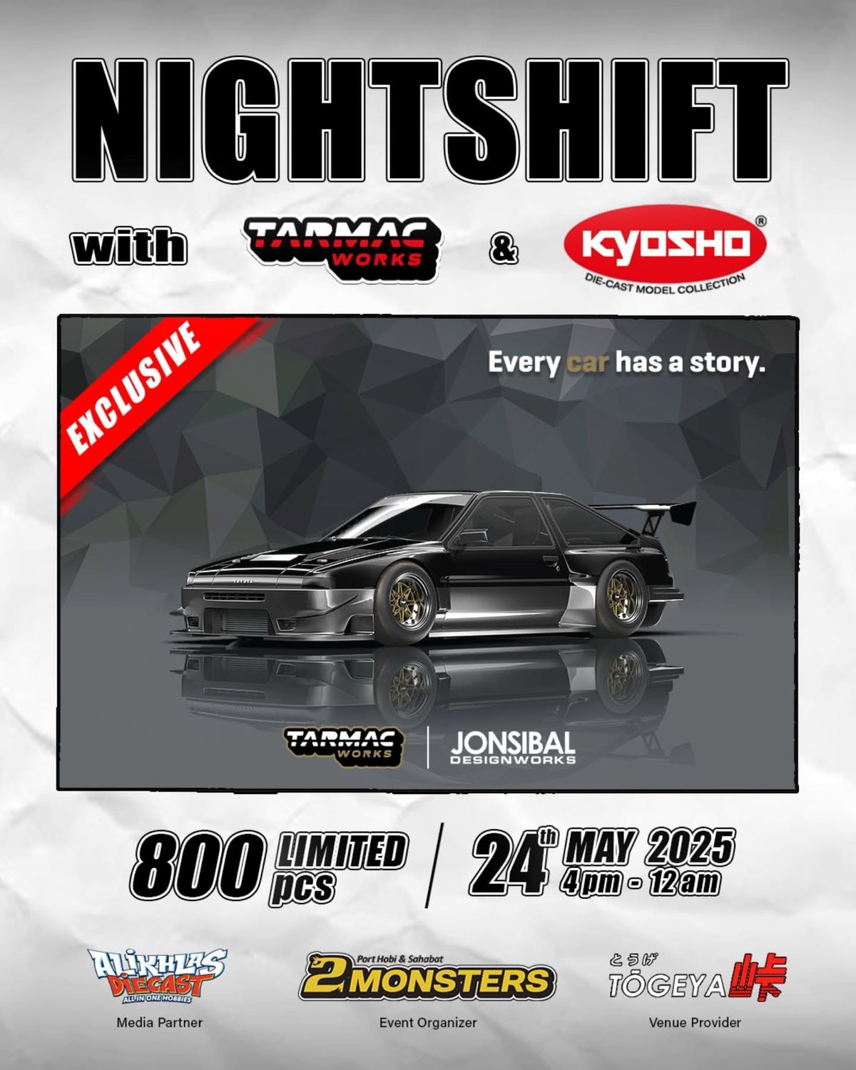 Tarmac Works x Jon Sibal Toyota Sprinter Trueno AE86 Widebody Black/Grey | 2025 Night Shift @ Togeya Event