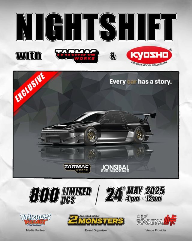 Tarmac Works x Jon Sibal Toyota Sprinter Trueno AE86 Widebody Black/Grey | 2025 Night Shift @ Togeya Event