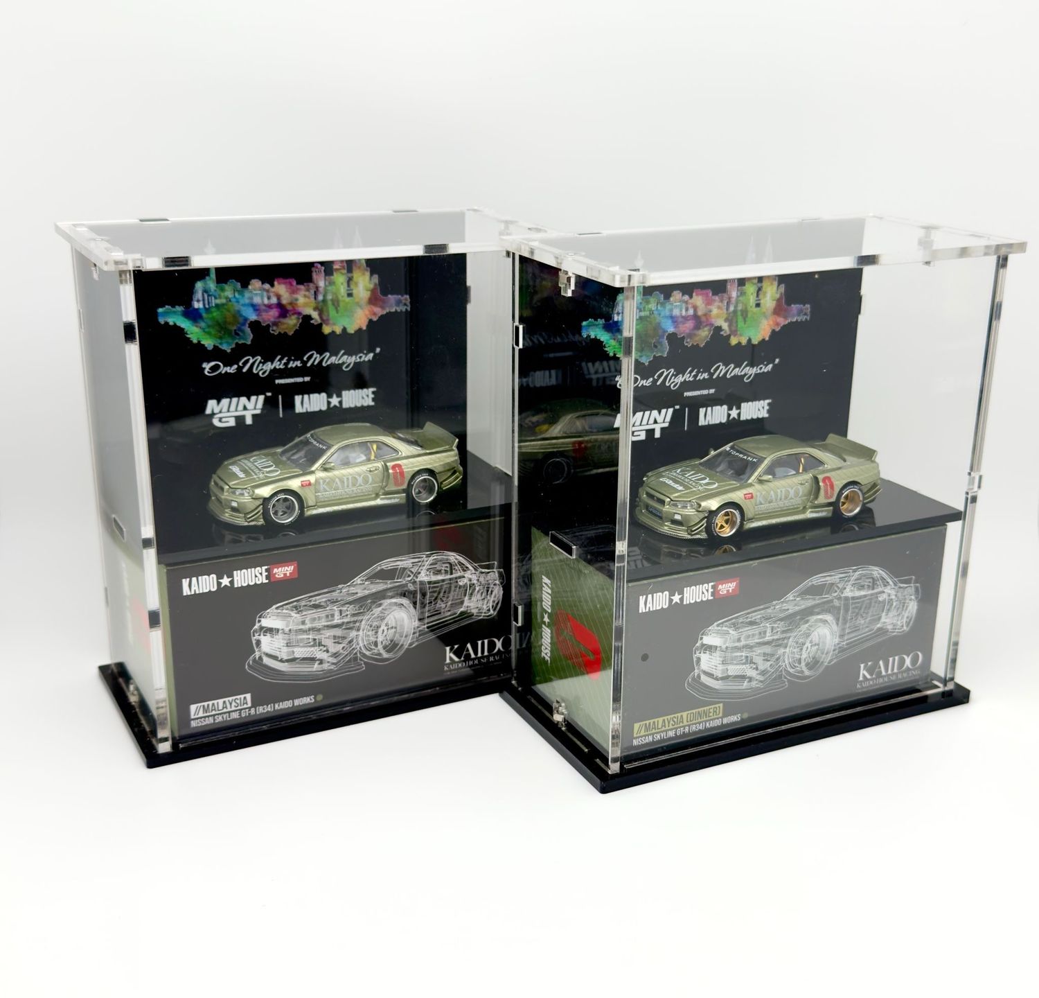 KAIDOHOUSE Nissan Skyline GT-R (R34) Kaido Works Event Regular (KHMG058) / One Night In Malaysia Dinner Exclusive (KHMG059) | 2023 Malaysia Diecast Expo | With Coval Case | UNSEALED