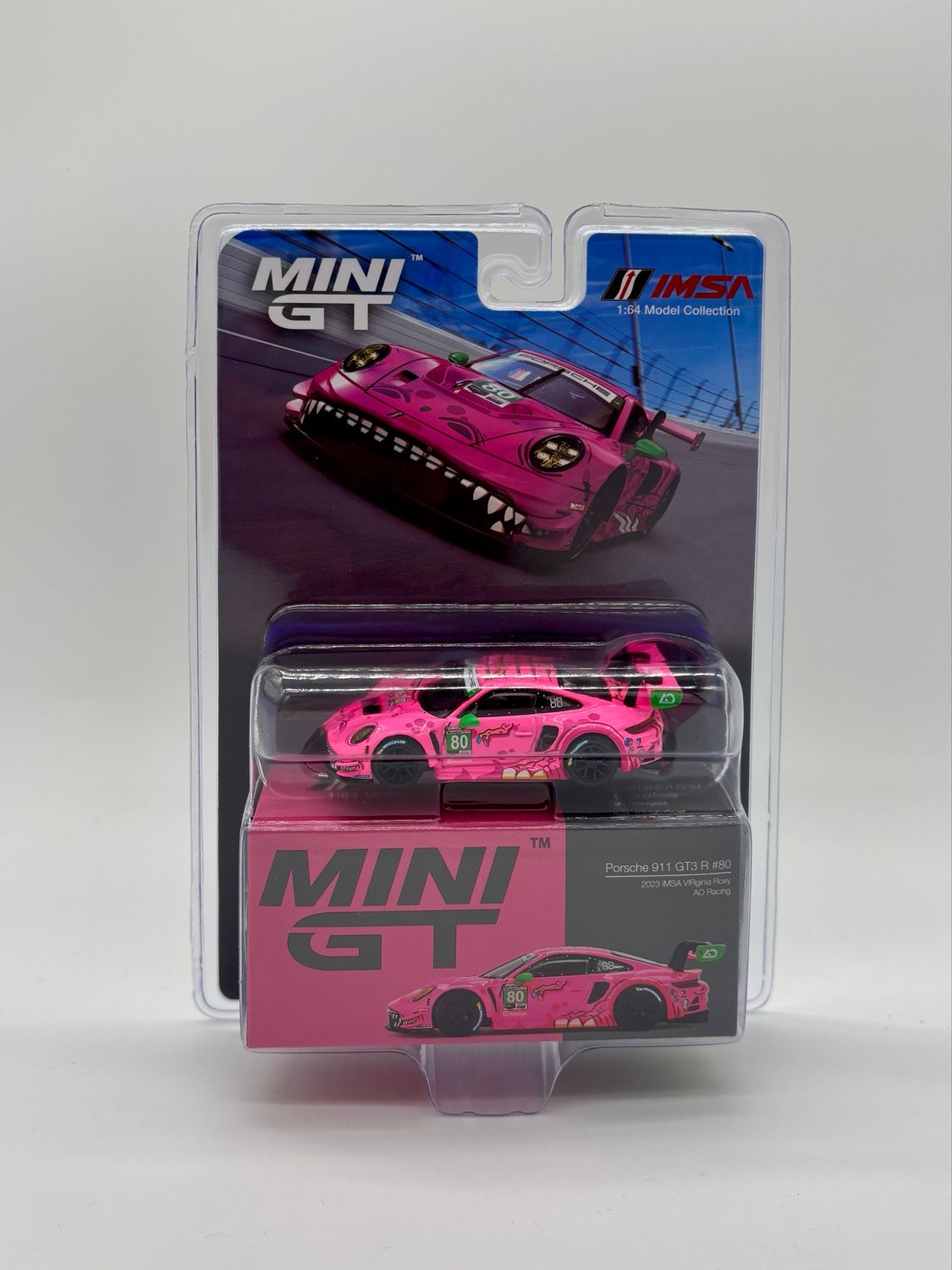 #872 MINI GT Porsche 911 GT3 R #80 Pink 2023 IMSA VIRginia Roxy AO Racing | Blister