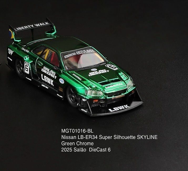 [PREORDER] #1016 MINI GT Nissan LB-ER34 Super Silhouette Skyline Green Chrome | 2025 Salão Diecast Brasil