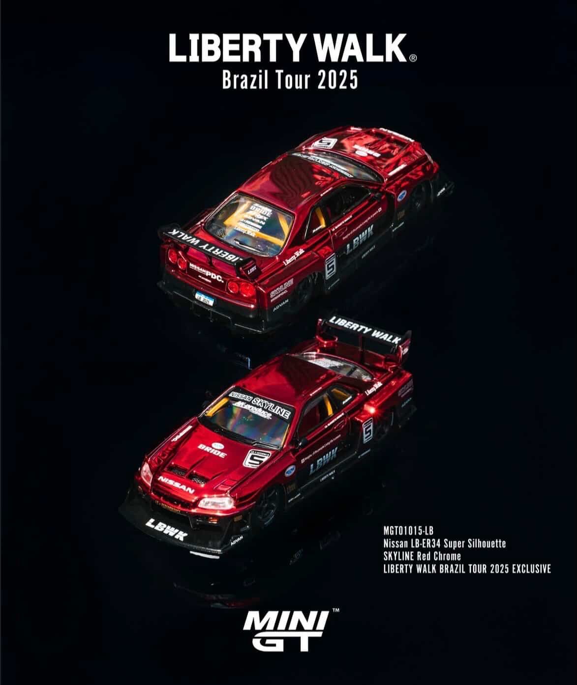 [PREORDER] #1015-LB MINIGT Nissan LB-ER34 Super Silhouette Skyline Red Chrome | Liberty Walk Brazil Tour 2025 Exclusive