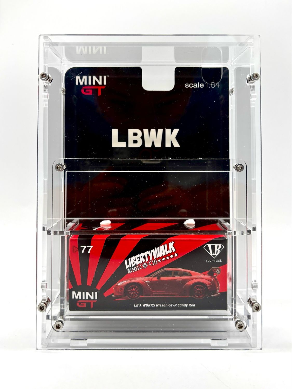 #77 MINI GT LB Works Nissan GT-R Candy Red Liberty Walk with Matching Acrylic Case Display