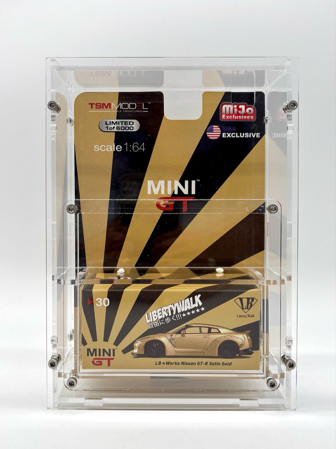 #30 MINI GT LB Works Nissan GT-R Satin Gold Liberty Walk with Matching Acrylic Case Display