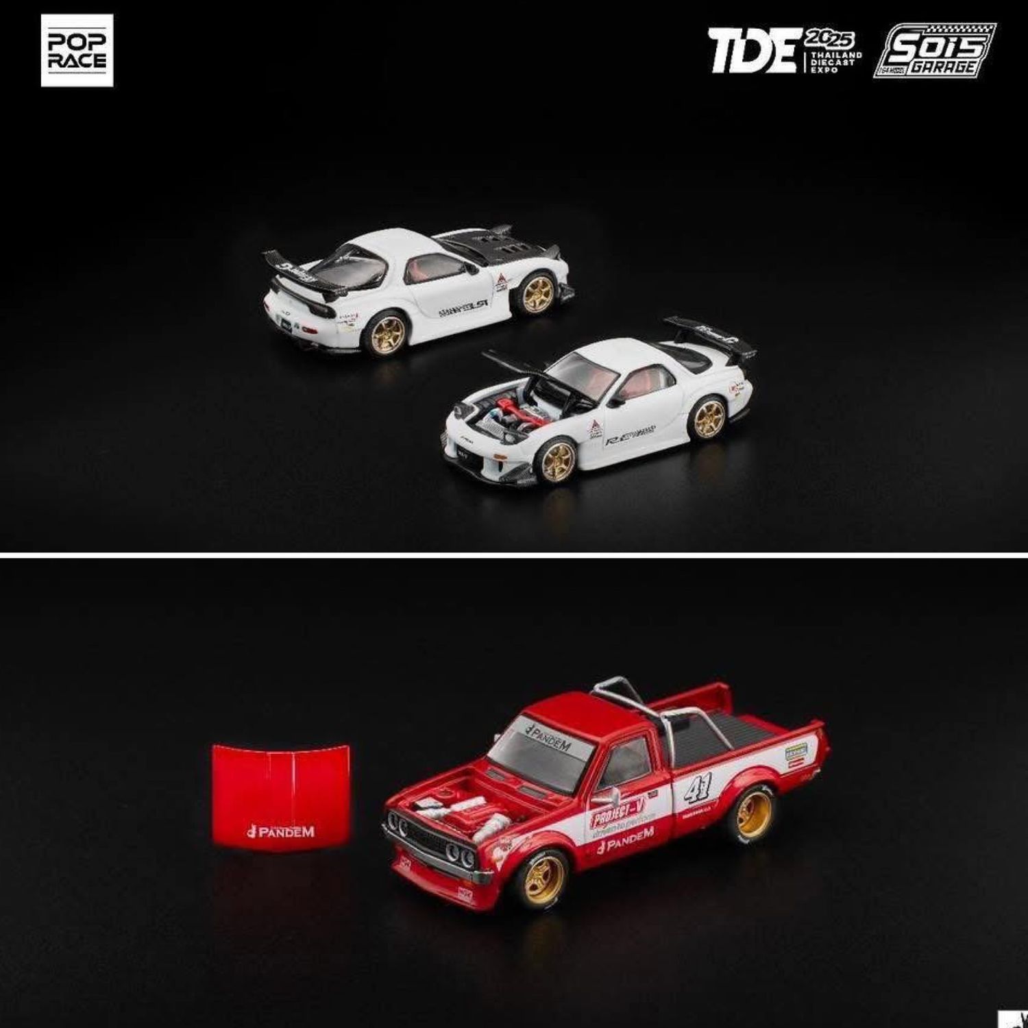 [PREORDER] POP RACE Pandem Datsun 620 Red (PR64-283) &amp; Mazda RX-7 White (PR64-282) Bundle Set | 2025 Thailand Diecast Expo