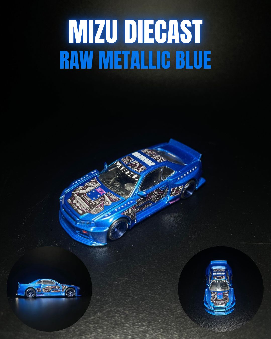 [PREORDER] MIZU DIECAST KAIDOHOUSE R34 Custom “Raw Metallic Blue” with Acrylic Display Case