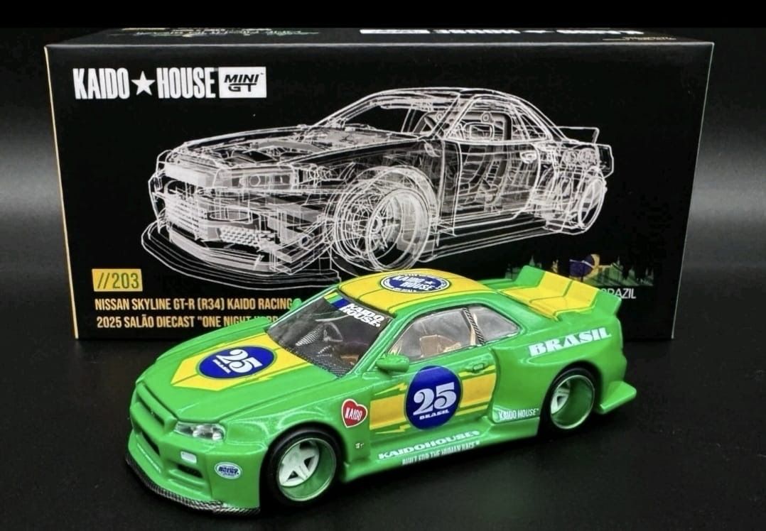 [PREORDER] KAIDOHOUSE Nissan Skyline GT-R (R34) Kaido Racing (KHMG203) | 2025 Salao Diecast “One Night in Brazil”