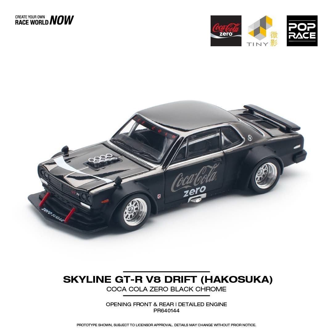 POP RACE Skyline GT-R V8 Drift (Hakosuka) Coca Cola Zero Chrome Black (PR64-144) with Base