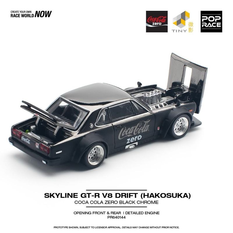 POP RACE Skyline GT-R V8 Drift (Hakosuka) Coca Cola Zero Chrome Black (PR64-144) with Base