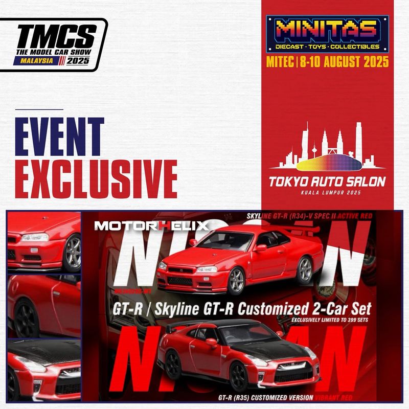 [PREORDER] Motorhelix Nissan Skyline GT-R (R34)-V Spec II Active Red &amp; Nissan GT-R (R35) Customised Version Vibrant Red 2-Car Set | 2025 Tokyo Auto Salon KL