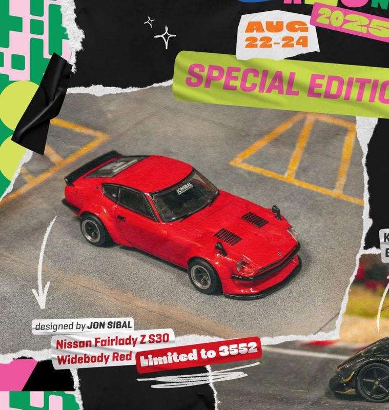 [PREORDER] Tarmac Works x Jon Sibal Nissan Fairlady Z S30 Widebody Red | Chance of Chase | 2025 HK Toy Car Salon
