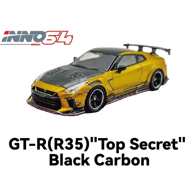 [PREORDER] INNO64 Nissan GT-R (R35) &quot;Top Secret&quot; Gold with Black Carbon Hood | 2025 HK Toy Car Salon