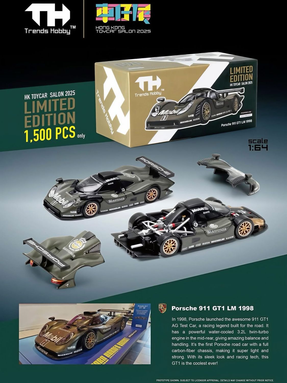 [PREORDER] Trends Hobby Porsche 911 GT1 LM 1998 Carbon Edition | 2025 HK Toy Car Salon