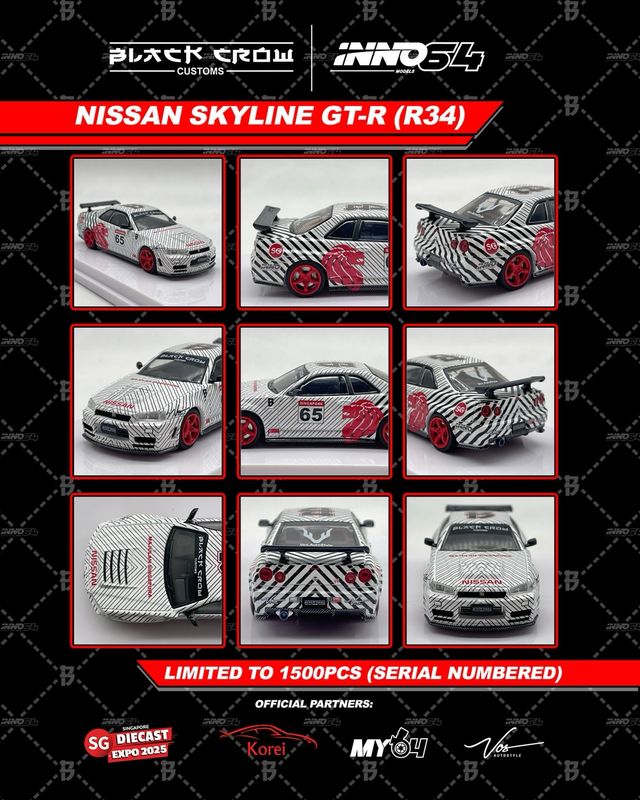 INNO64 x BLACK CROW CUSTOMS x SGDE NISSAN SKYLINE GT-R (R34) | Random chance of Chase | 2025 Singapore Diecast Expo