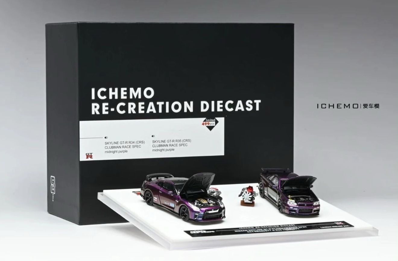 [PREORDER] ICHEMO Re-Creation Diecast Nissan Skyline GT-R Clubman Race Spec R34 RB26DETT &amp; R35 VR38DETT Display Set | 2025 Auto Passion Alliance (APA)