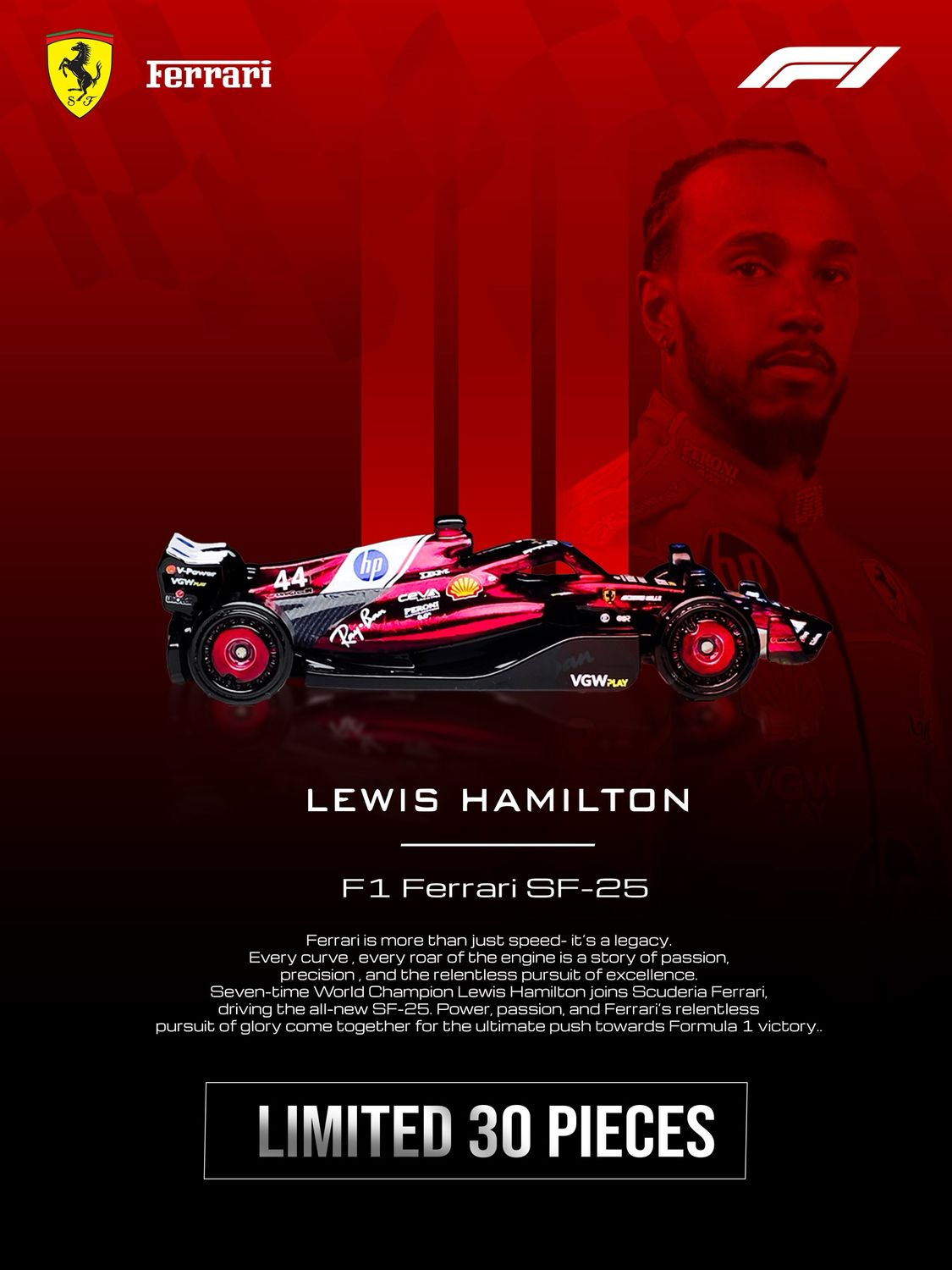 [PREORDER] F1 Ferrari SF-25 Lewis Hamilton Hot Wheels Custom with Acrylic Display