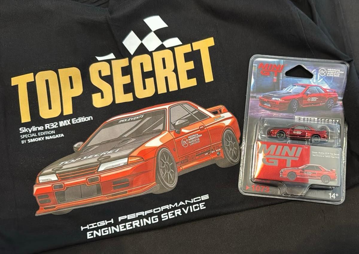 [PREORDER] MINI GT Nissan Skyline GT-R32 Top Secret Chrome Red + Top Secret Tee | 2025 Indonesia Modification Expo (IMX)