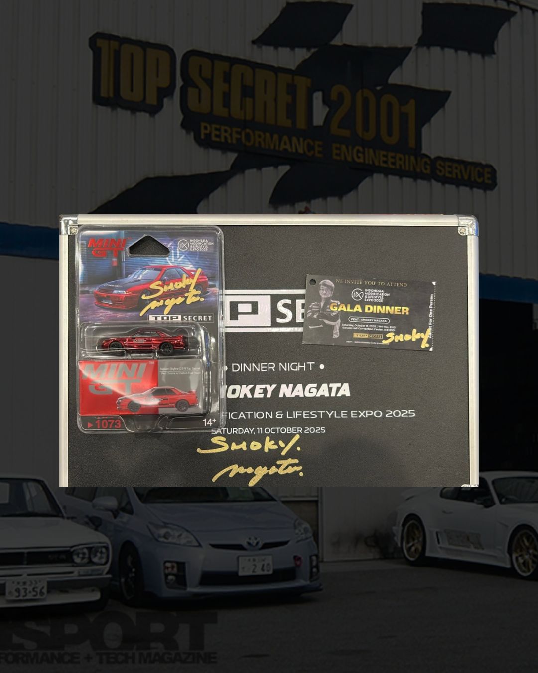 #1073 MINI GT TOP SECRET SMOKEY NAGATA Bundle Gala Dinner Set w/ Random Size Tee | 2025 Indonesia Modification Expo (IMX)