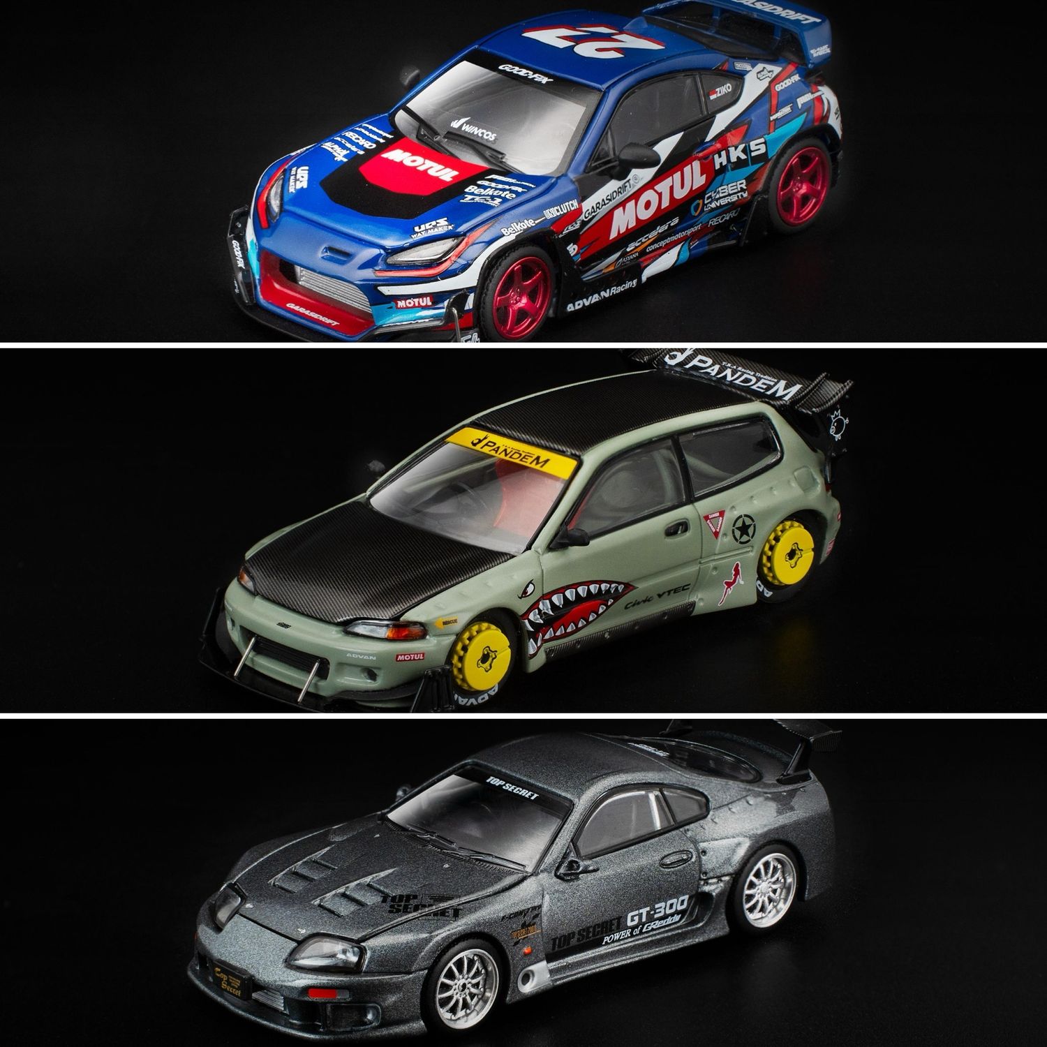 [PREORDER] POP RACE SUPRA GT300 TOP SECRET (PR64-022) / PANDEM CIVIC EG6 SHARKMOUTH (PR64-383) / PANDEM BRZ GARASI DRIFT &quot;BRZIKO&quot; (PR64-363) Bundle of 3 | 2025 Indonesia Diecast Expo (IDE-XII)