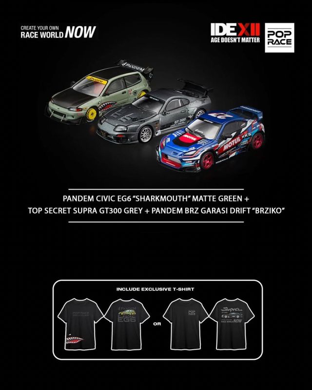 POP RACE SUPRA GT300 TOP SECRET (PR64-422) / PANDEM CIVIC EG6 SHARKMOUTH (PR64-383) / PANDEM BRZ GARASI DRIFT "BRZIKO" (PR64-363) Bundle of 3 | 2025 Indonesia Diecast Expo (IDE-XII)