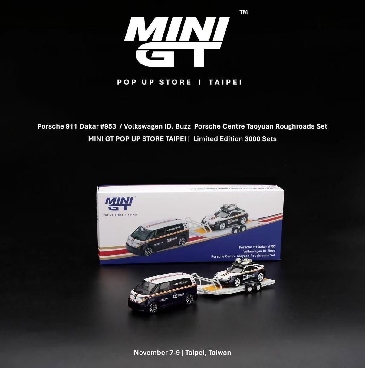 [PREORDER] #953 MINIGT Porsche 911 Dakar &amp; Volkswagen ID. Buzz Porsche Centre Taoyuan Roughroads Set | MINI GT Pop Up Store Taipei Edition