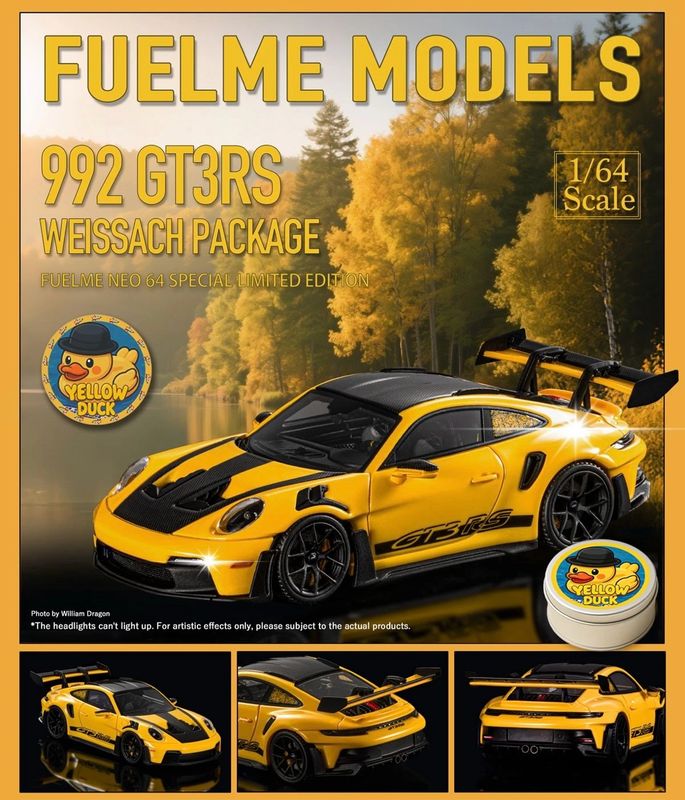 FuelMe 1/64 Model Resin Porsche 992 GT3RS Weissach Package Yellow with Rubber Ducky Figure