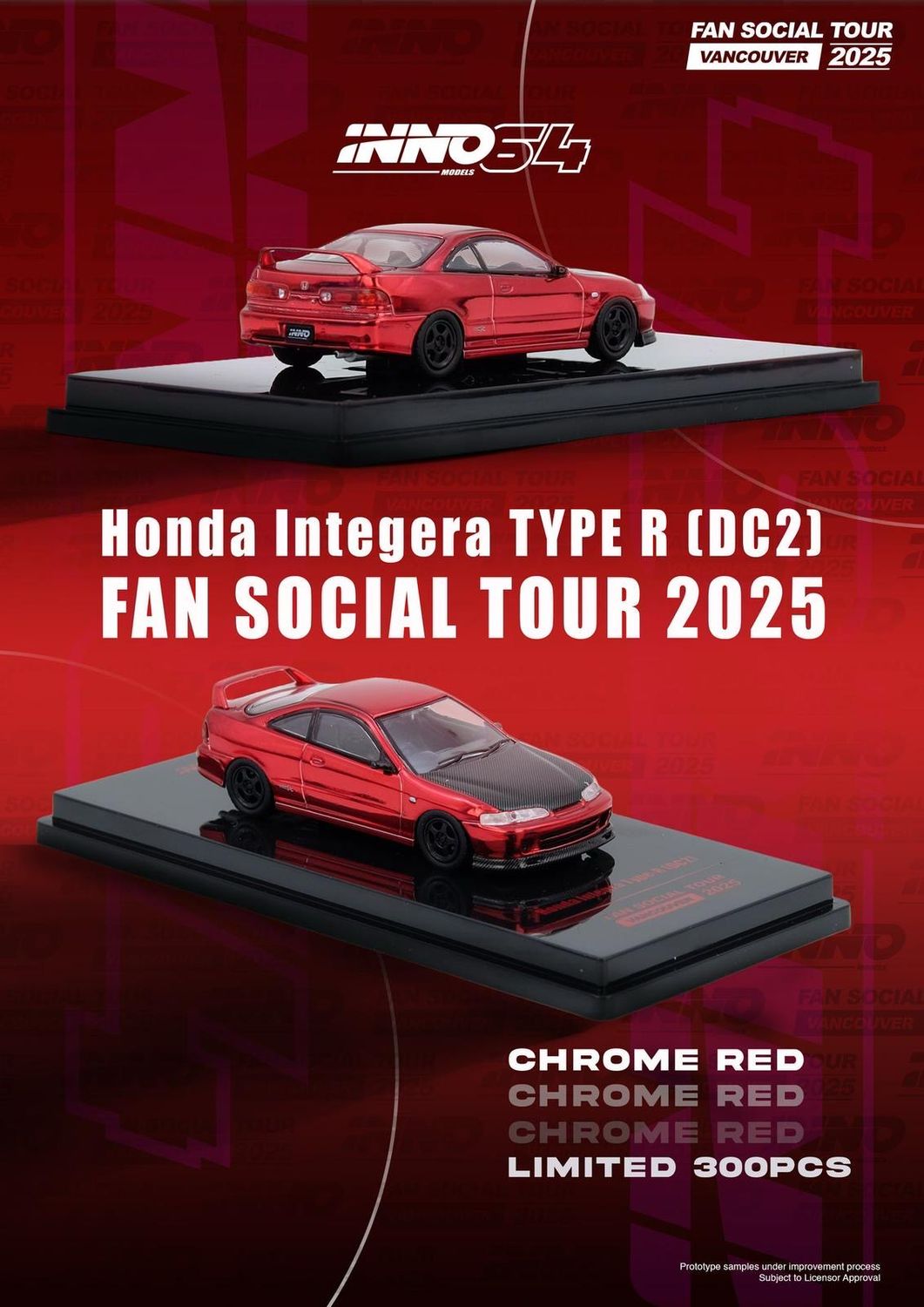 [PREORDER] INNO64 Honda Integra Type R (DC2) Chrome Red Carbon Hood | 2025 POP RACE x INNO64 Fan Social Tour Vancouver Canada