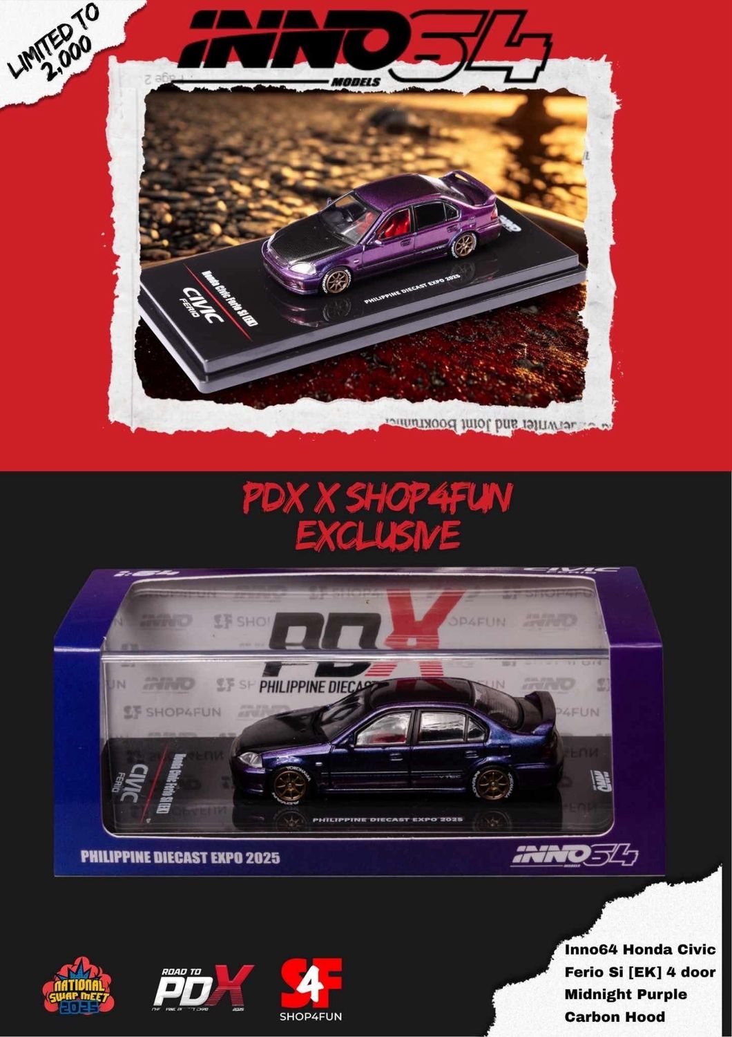 INNO64 Honda Civic Fiero Si [EK] 4 Door Midnight Purple Carbon Hood | 2025 Philippines Diecast Expo (PDX)
