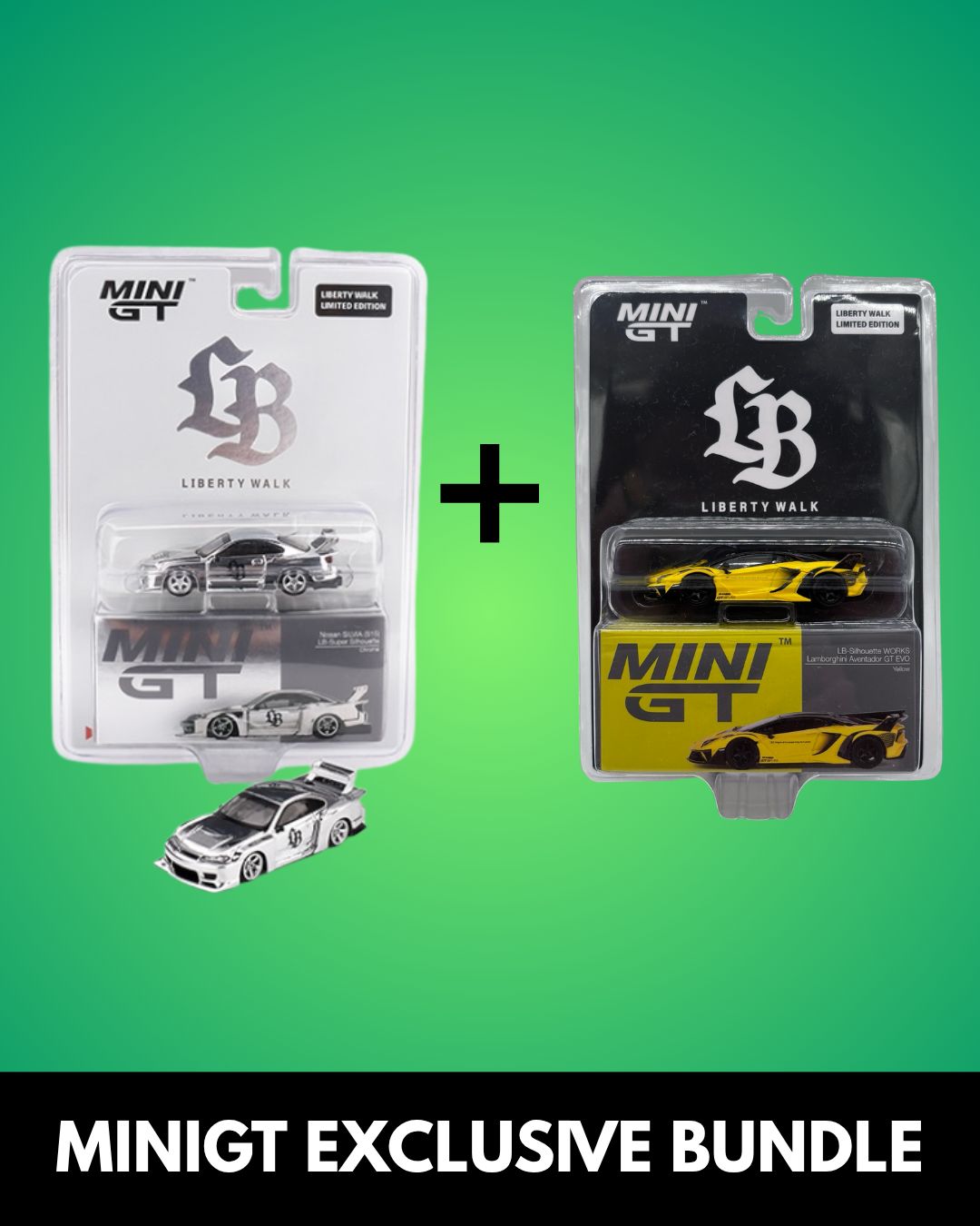 #1014 MINI GT Nissan Silvia S15 TAS KL + #639 Liberty Walk Store Exclusive Lamborghini LB-Silhouette Works Aventador GT-Evo Bundle