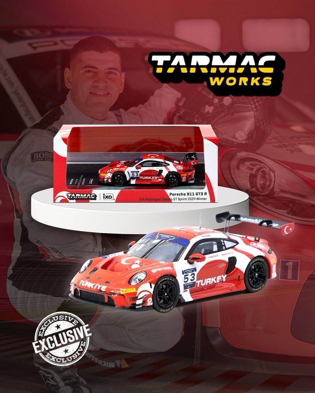 Tarmac Works x Diecast Turkey Porsche 911 GT3 R / FIA Motorsport Games GT Sprint 2024 Winner / Ayhancan Güven (Exclusive) Tarmac Works x Diecast Turkey Porsche 911 GT3 R / FIA Motorsport Games GT Sprint 2024 Winner / Ayhancan Güven (Exclusive)